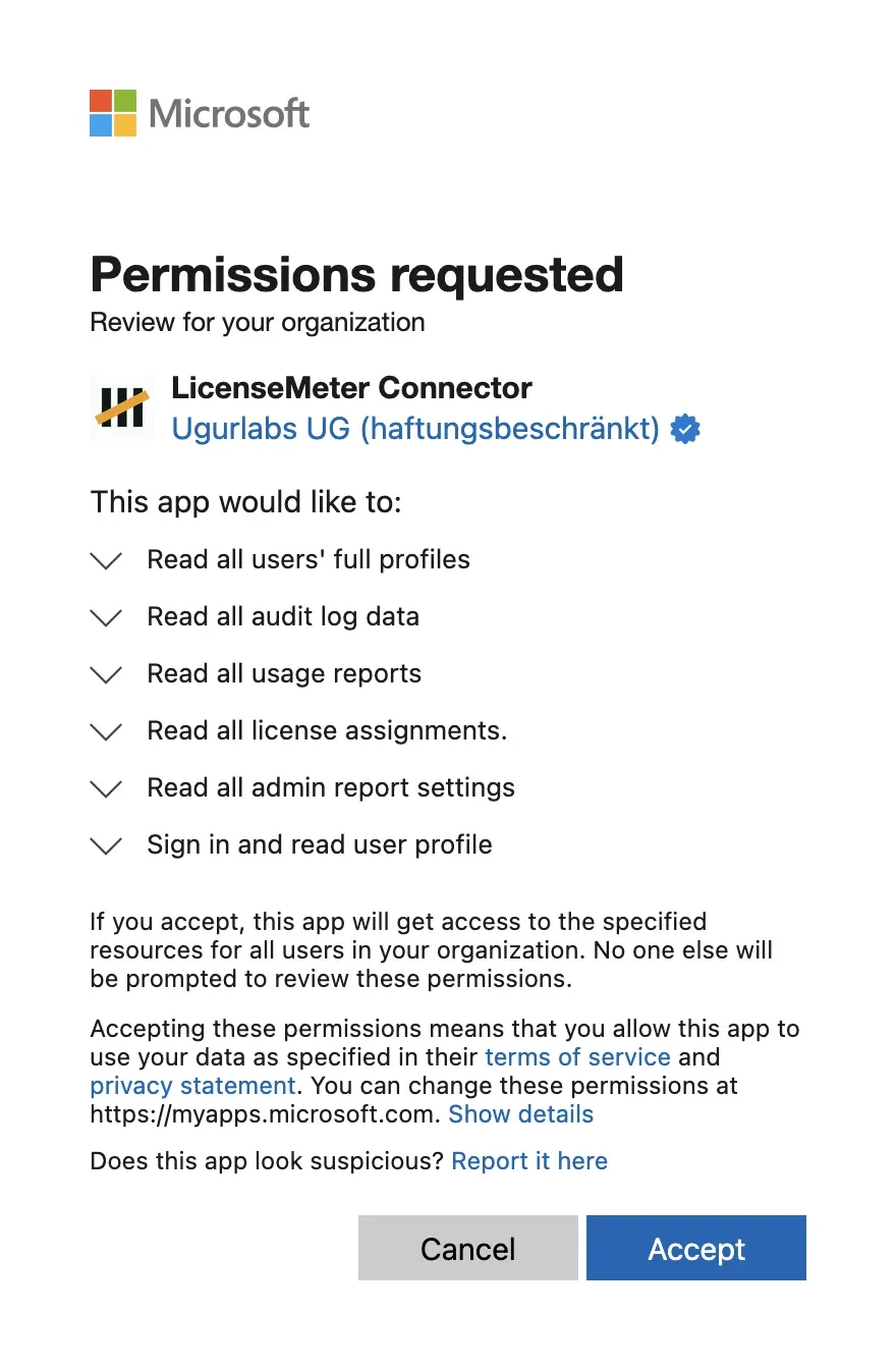 Microsoft Permissions requested dialog for LicenseMeter Connector, published by Ugurlabs UG (haftungsbeschränkt) with a verified badge, listing six read permissions