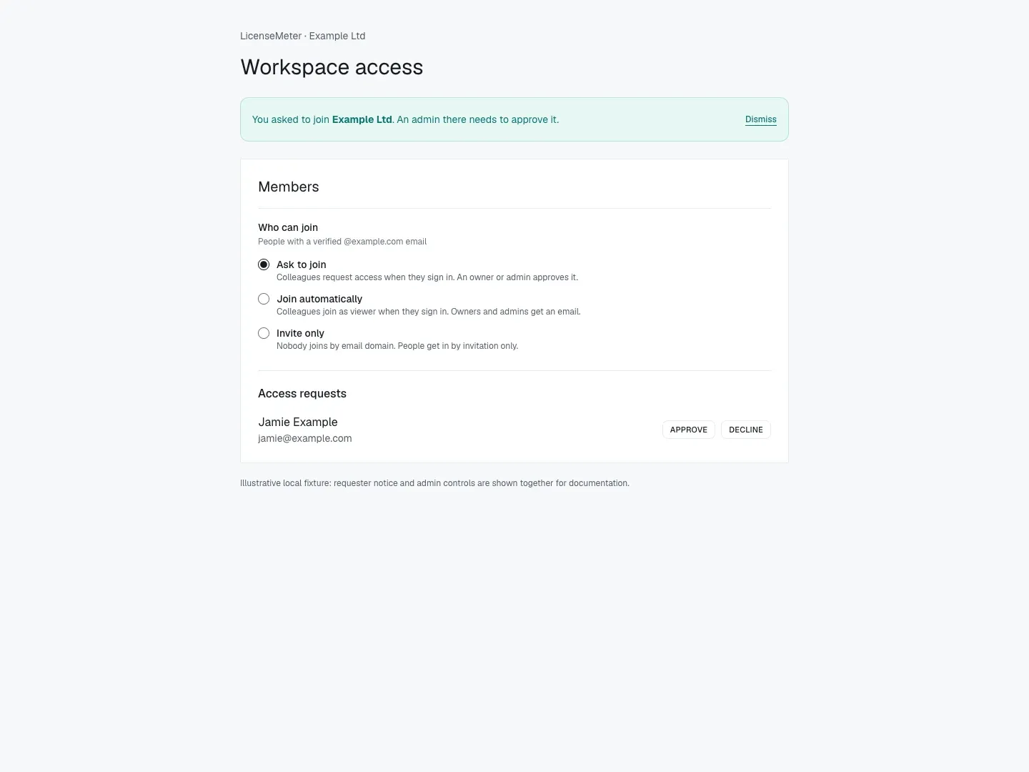 Who can join policy and access request controls with a pending-request notice