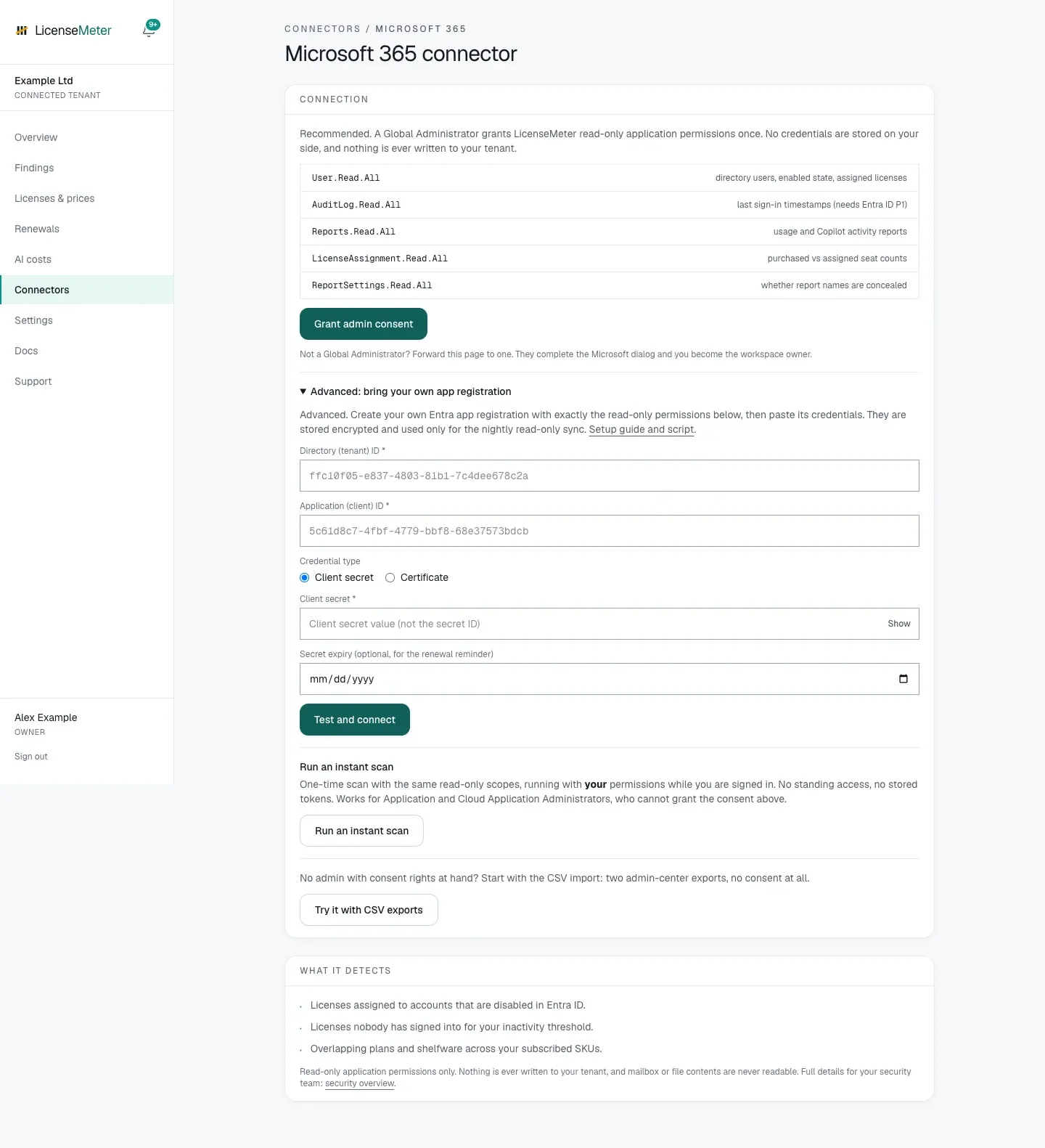 Expanded Microsoft BYO form with Tenant ID, Application ID, credential type and Test and connect controls