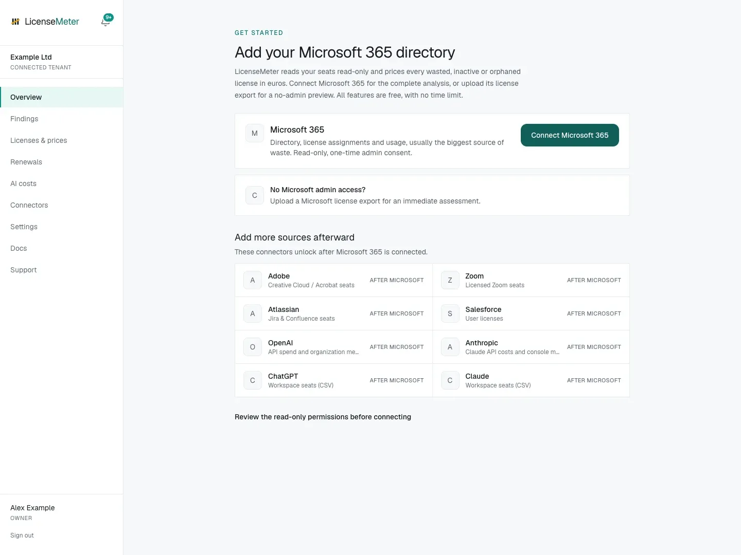 New workspace showing Add your Microsoft 365 directory and the CSV assessment option