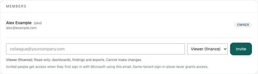 Settings Members card with invitation email and role controls
