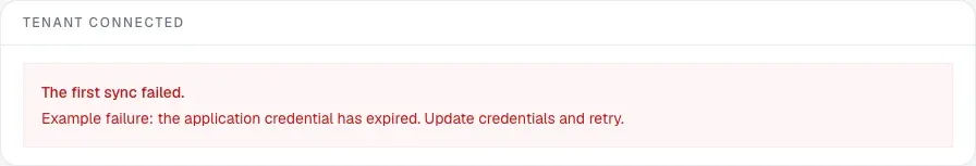 First-sync failure state showing an actionable error message